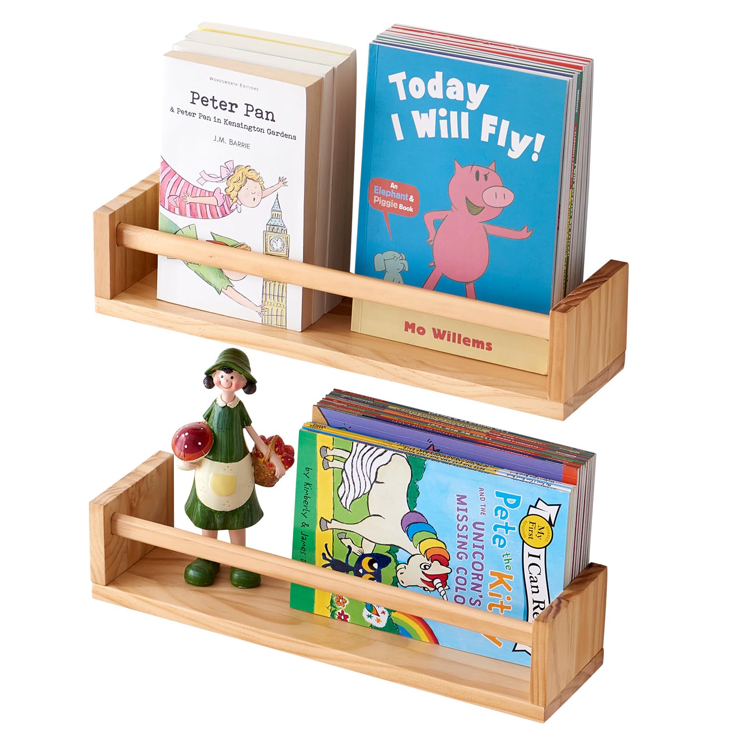 OAKERLAND Wooden Wall Shelf, Children's Room, Pack of 2, 40 cm Bookcase, Wooden Wall Shelf for Children's Room, Floating Shelf, Wall Picture Rail for Books, Fairy Tale Books, Magazine (40 cm)
