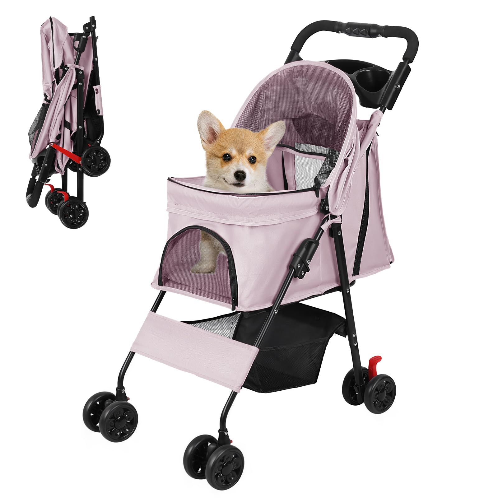 Dog Stroller up to 10 kg, Lightweight 4 Wheel Pushchair for Pets, Foldable Stroller for Dogs and Cats with Breathable Mesh, Storage Basket and Drink Holder, Pink