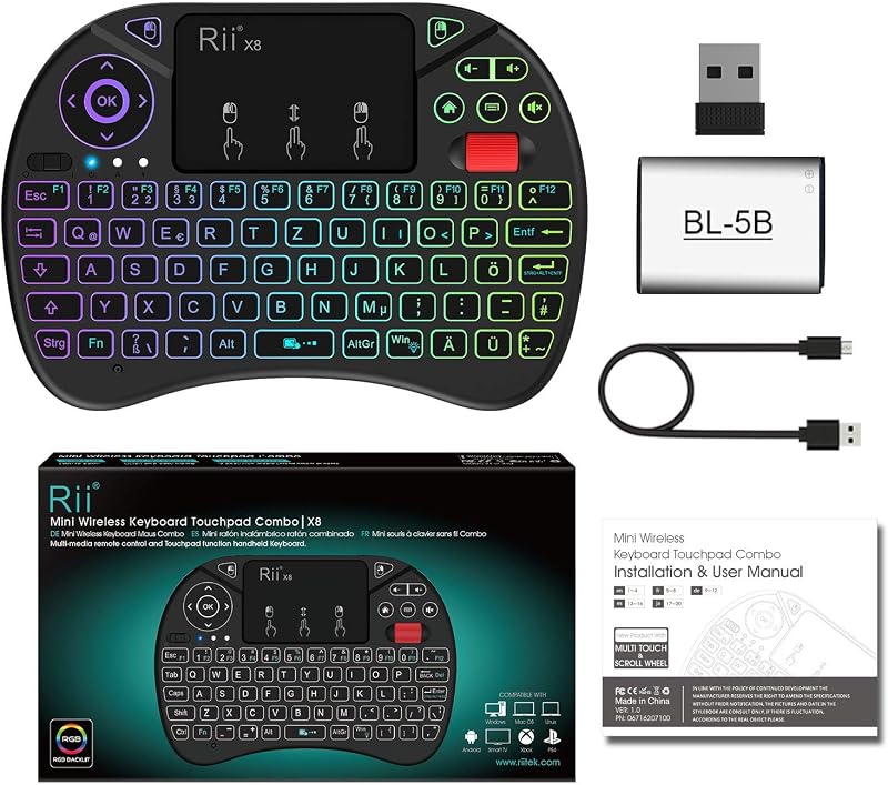 Rii Mini Vezeték Nélküli Billentyűzet Érintőpaddal, 8 RGB Háttérvilágítási Móddal, Tölthető, Smart TV, PC, Xbox Kompatibilis, 10m Hatótáv