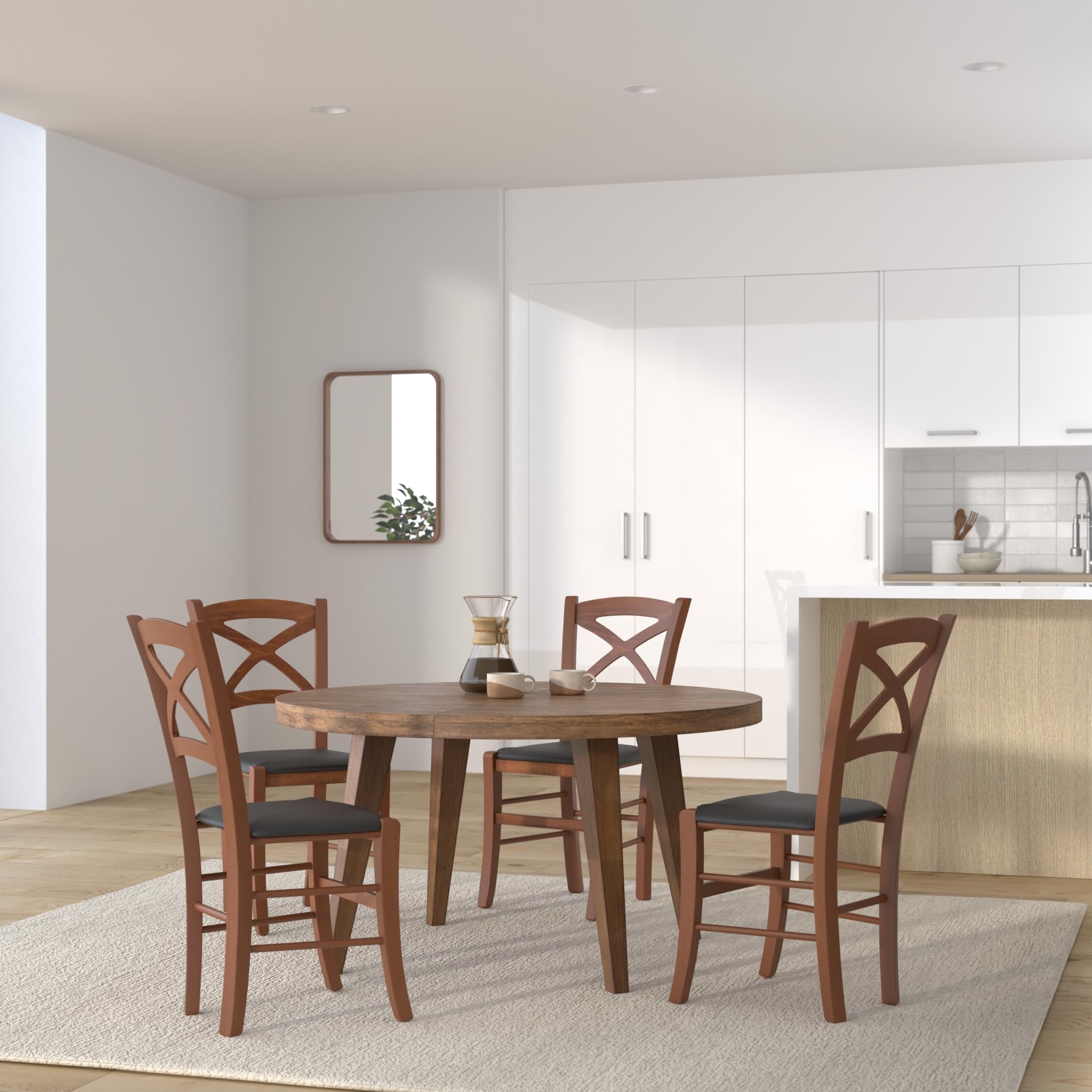 Tommychairs - Set 4 chaises CROSS pour cuisine, bar et salle à manger, robuste structure en bois de hêtre peindré en couleur noyer clair et assise rembourrée et revêtue en cuir artificiel couleur noir