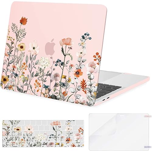 MOSISO Compatible with MacBook Pro 13 inch Case 2023, 2022, 2021-2016 M2 M1 A2338 A2251 A2289 A2159 A1989 A1708 A1706, Plastic Garden Flowers Hard Case&Keyboard Cover&Screen Protector, Pink
