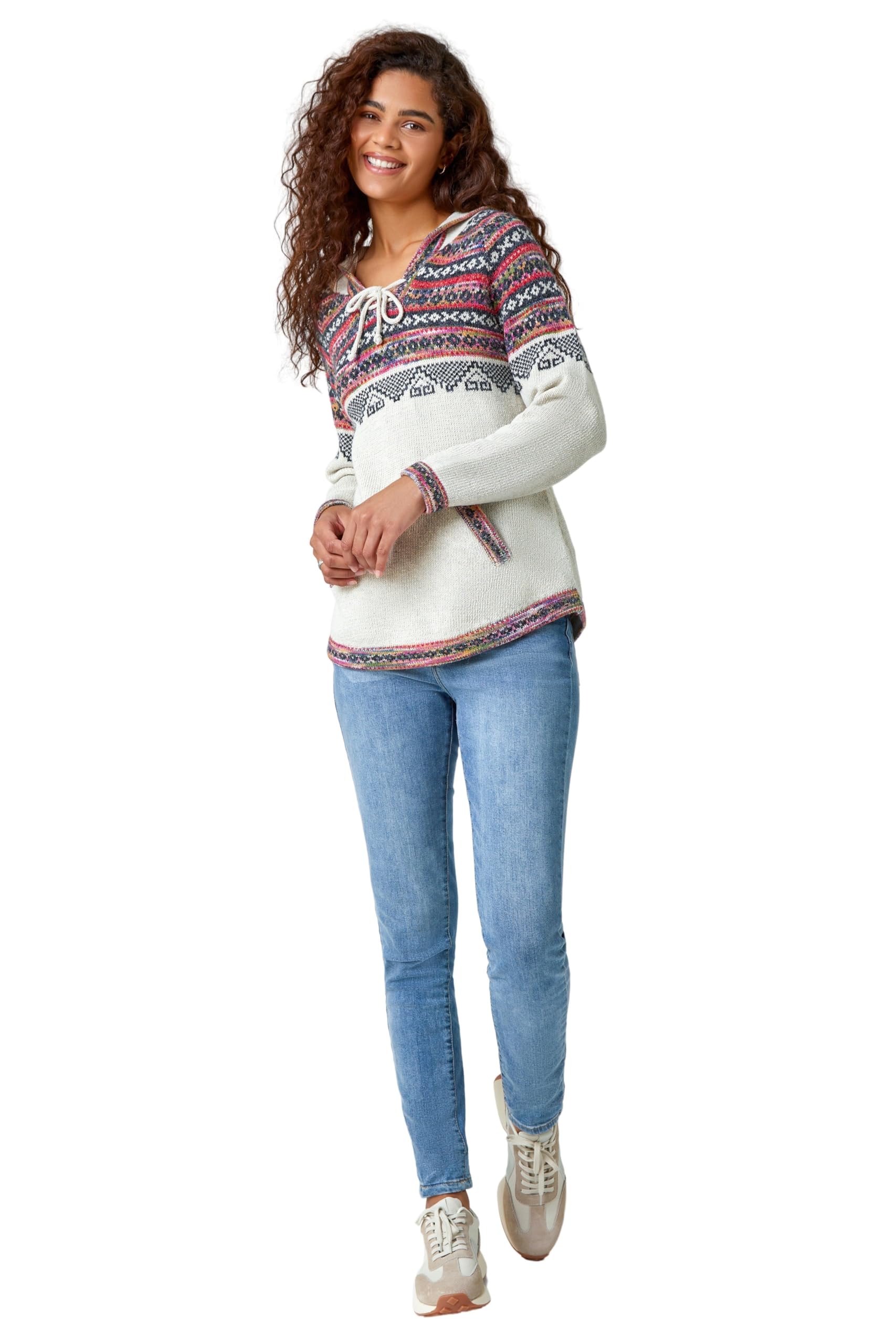 Roman Women's Nordic Print Knitted Hooded V-Neck Jumper in Ivory | Size: 18
