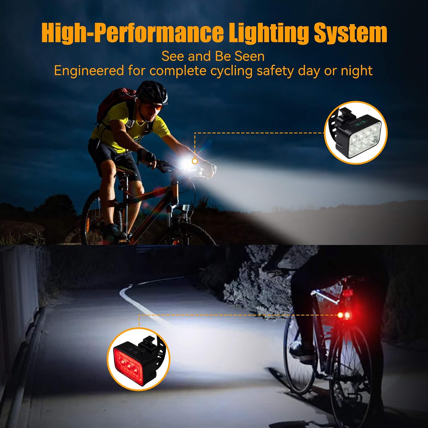 WOWSPORT Bike Light Set USB-C Rechargeable Bright LED Front Headlight & Rear Tail Light IP64 Waterproof Multi Modes for Mountain Road Ebike Night Riding