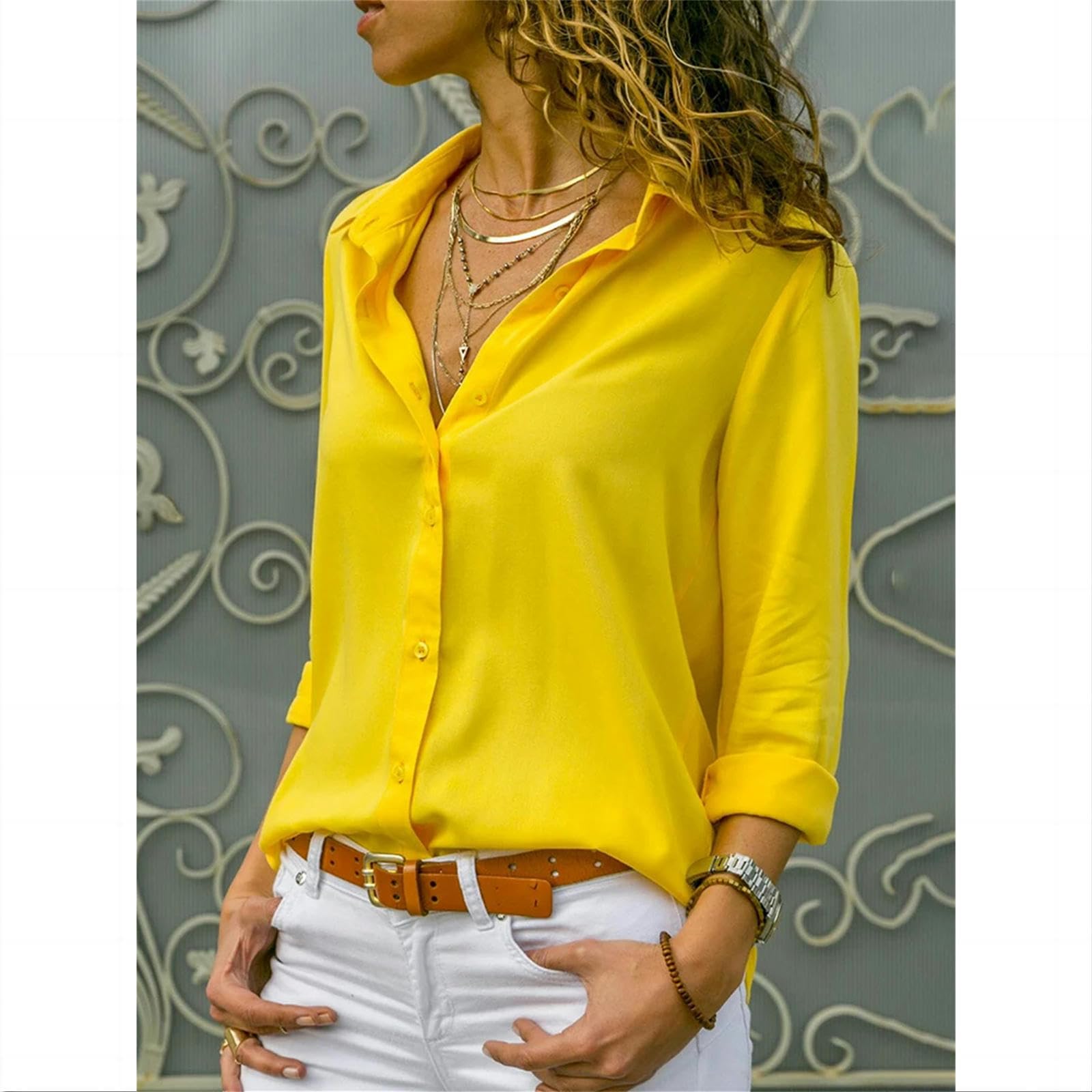 Bluse Damen Frauen Elegant Solide Chiffonbluse Frühling Sommer Lässig Langarm Gegen Nacken Lose Hemd