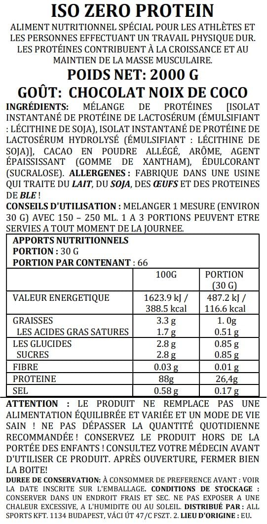 Iso Zero Protein, 2000 g, gusto chocolate-coconut