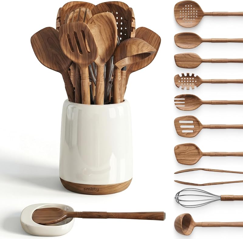 SMIRLY Acacia Wooden Utensil Set with Ceramic Holder & Spoon Rest,12-Piece | Non-Scratch Wooden Spoons for Cooking, Comfortable Grip Luxury Kitchen Gifts for Serving, Nonstick Cookware and Housewarming