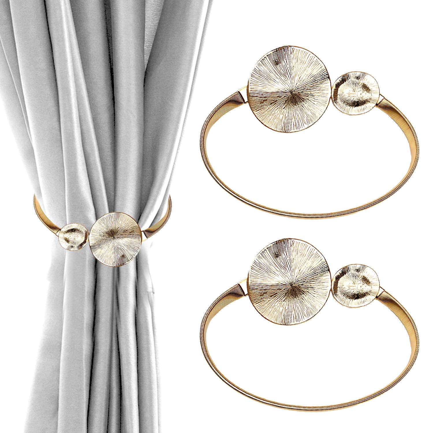 ARWIG 2 Pcs Curtain Tie Backs | Tie Backs for Curtains Metal Springs Curtain Tiebacks Retainers for Home Office Drapery Decor (Golden Disc)