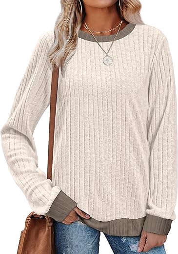 SAMPEEL Womens Tops Long Sleeve Shirts Lightweight Sweaters Loose Fit Crewneck Color Block Fall Fashion Outfits