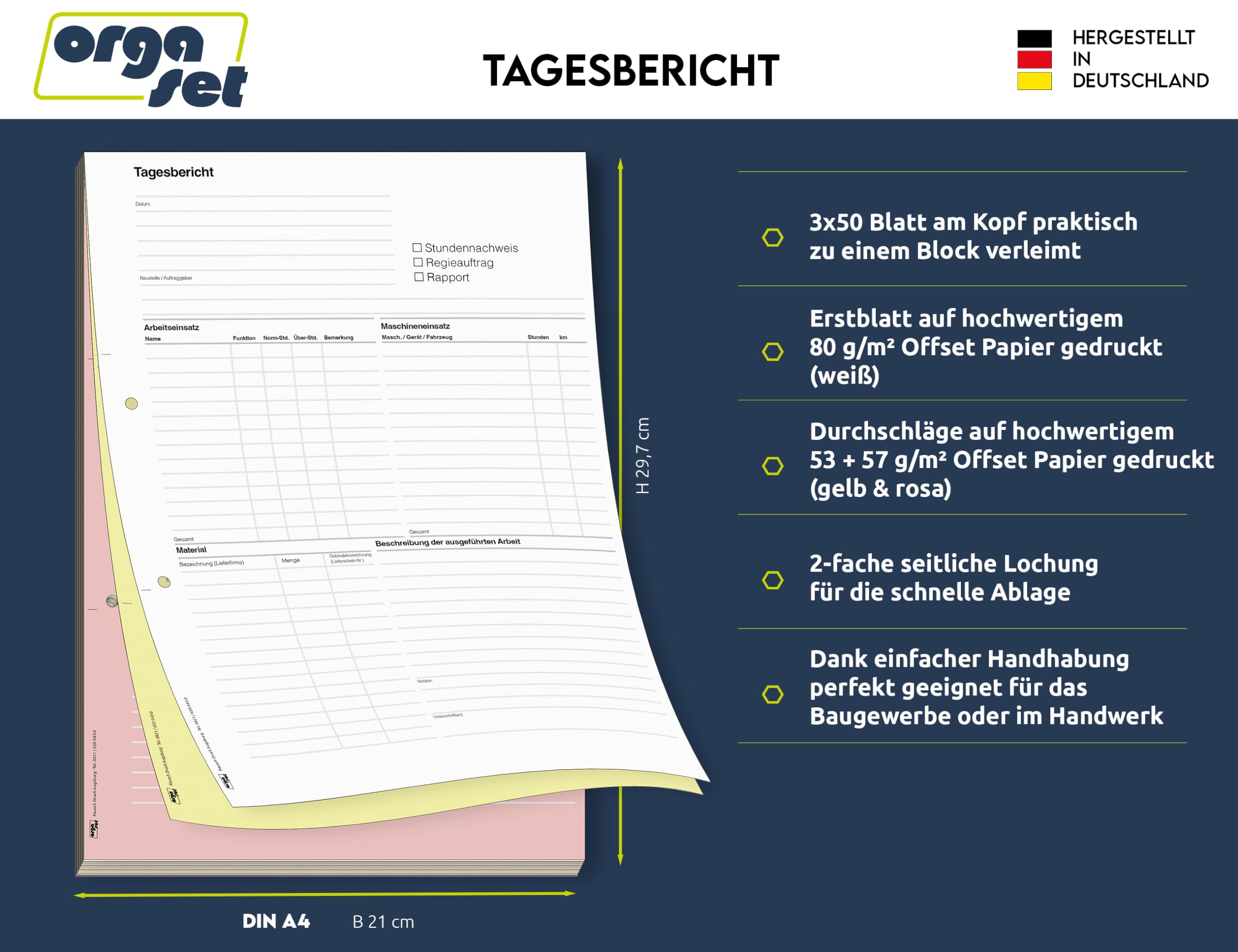 Tagesberichte | DIN A4 | 3-fach selbstdurchschreibend | 3x50 Blatt Durchschreibeblock | weiß/gelb/rosa | 10 Stk.