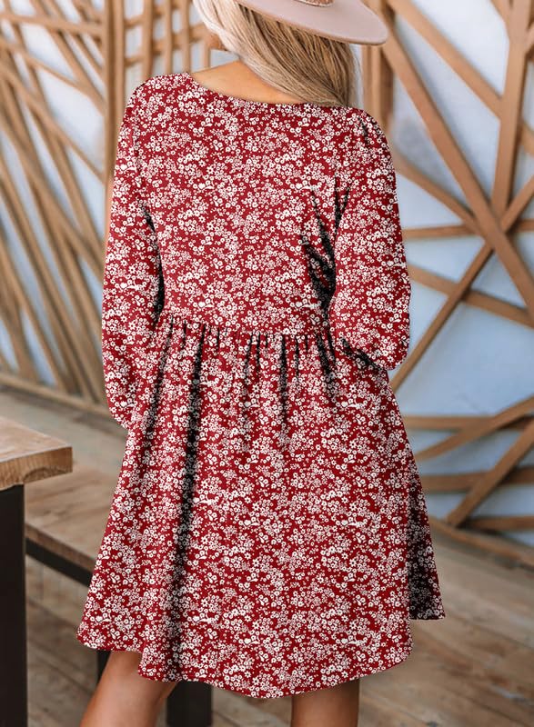 Image of Dokotoo Fall Dresses for Women 2026 Casual Long Sleeve Mini Dress | Smocked Crewneck, Button Up, Empire Waist, A-Line Hem, Solid Color, Floral Pattern