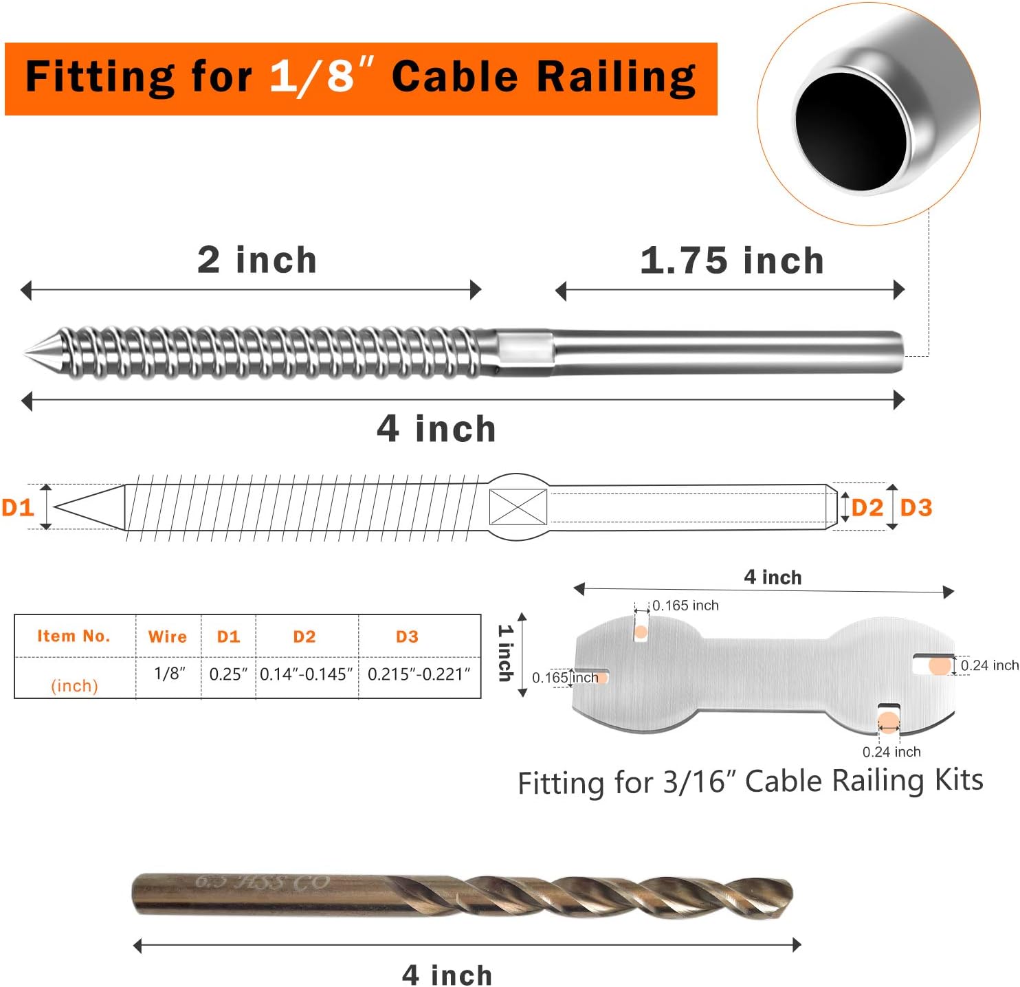 48 Pack Swage Lag Screws Left & Right for 1/8" Cable Railing kit,T316 Stainless Steel Stair Deck Railing Wood Post of Cable Railing Kit, Decking Railing Hardware, DIY Baluster Kit - - 