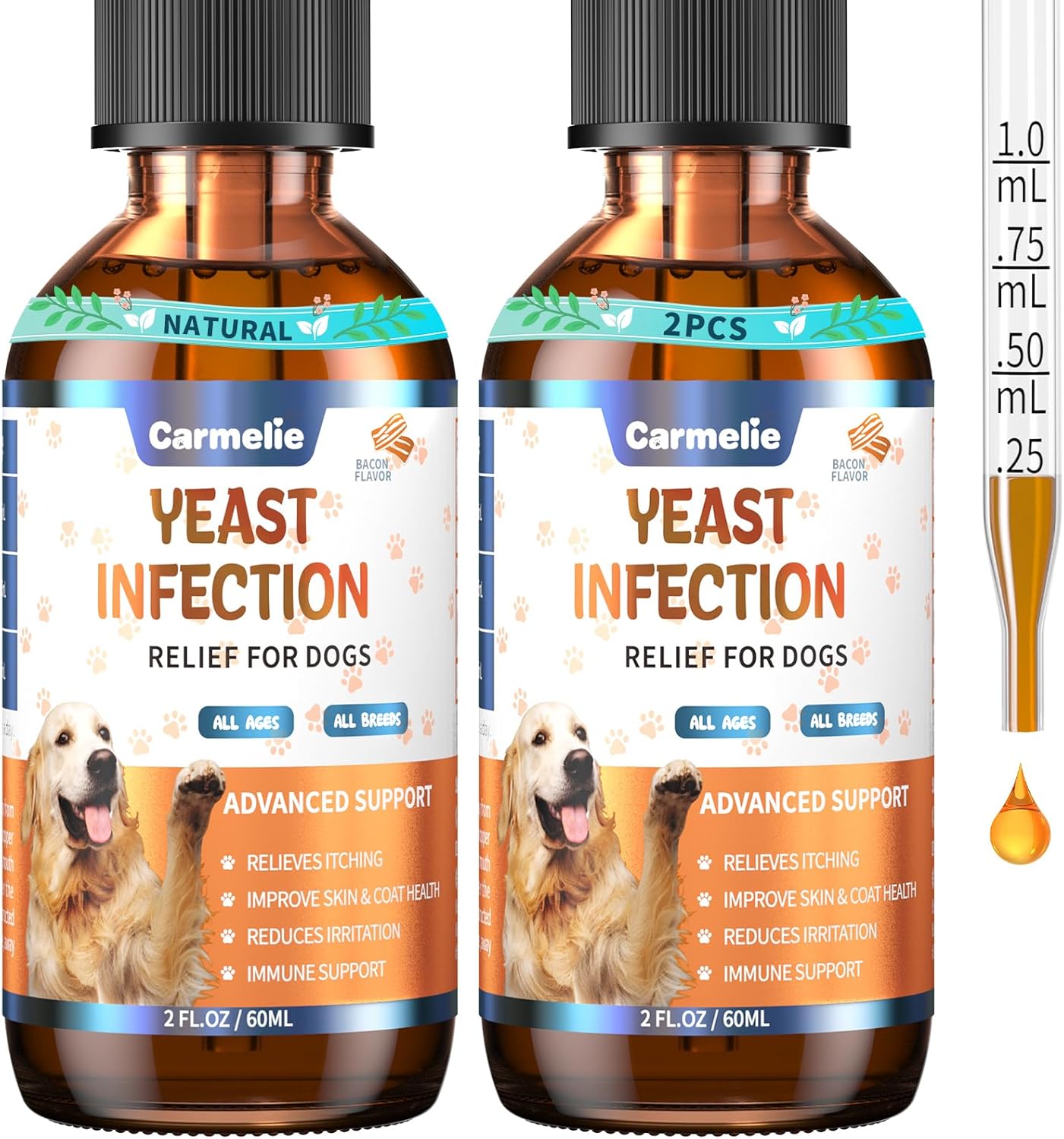 2PCS Yeast Infection Treatment for Dogs, Carmelie Support Healthy Itch Relief, Ear Paw Discomfort Care, Itch Relief for Dog, Allergy Supports, Inflammation Relief for Dogs, Bacon Flavor 60ml