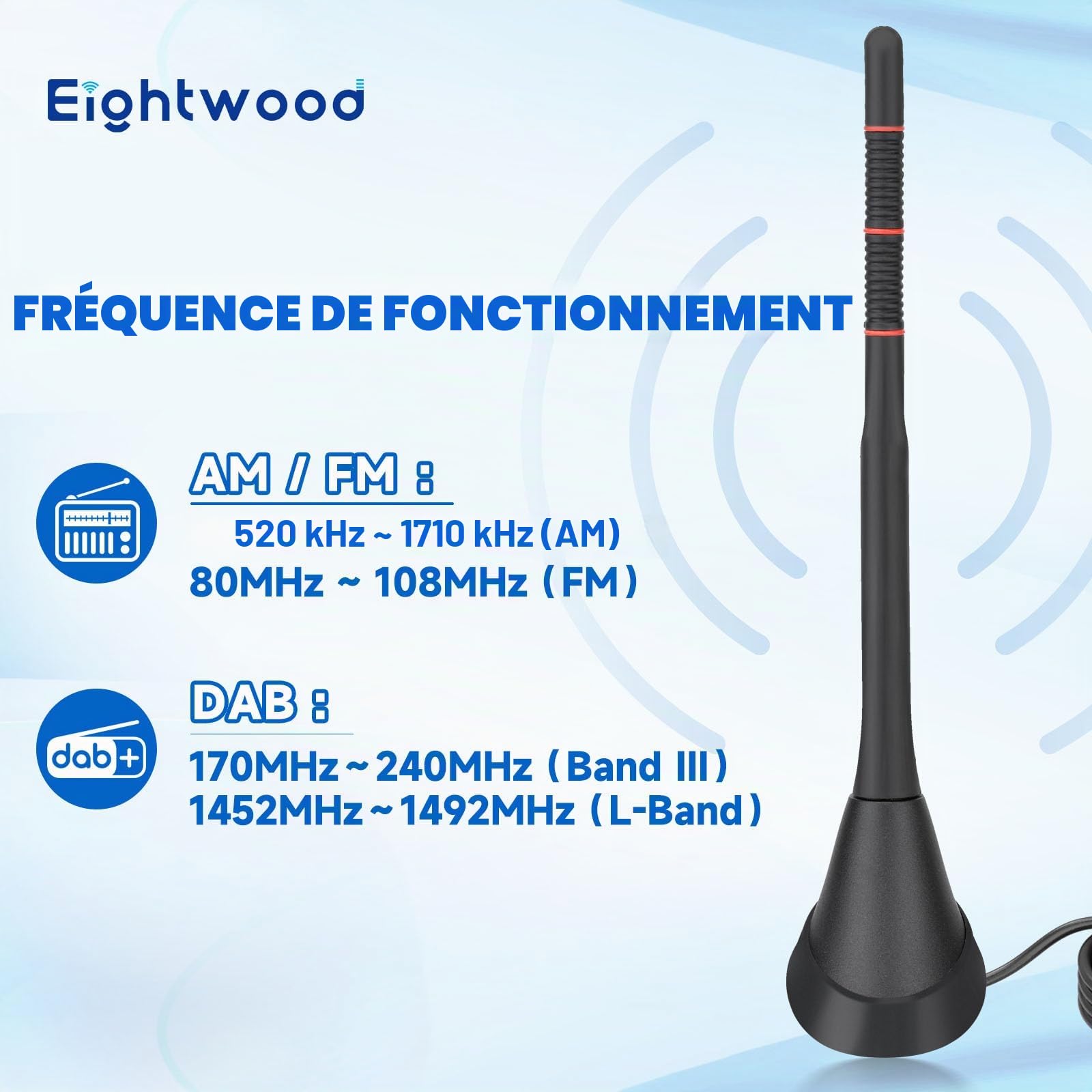 Eightwood Antenne Autoradio Active Dab+ FM avec Amplificateur 5m Câble