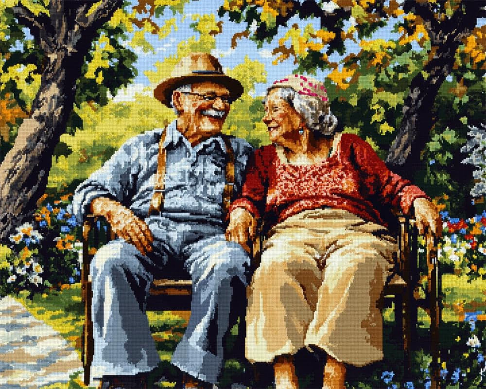 Hdfvlfdsa Stamped Cross Stitch Kits -An Old Couple Sitting On A Park Chair 40X50cm (15.7X19.7in) Colorful Printed Easy Pattern Needlepoint Kits Embroidery Crafts For Adults Beginners Gift