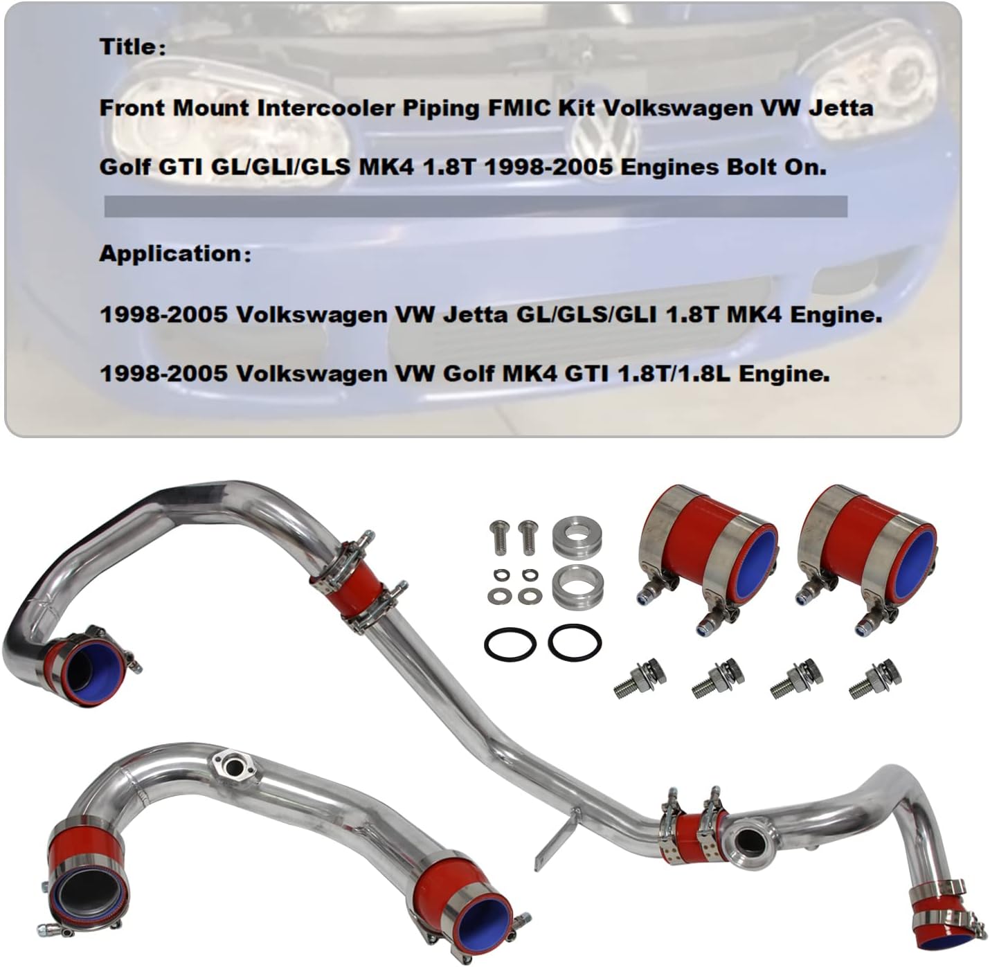 Upgrade Front Mount Intercooler Charge Pipe Polished SSQV Sensor Flange Kit for Volkswagen VW Jetta Golf GTI GL/GLI/GLS MK4 1.8T 1.8L 98-05 Engines FMIC Bolt On (sliver-red)