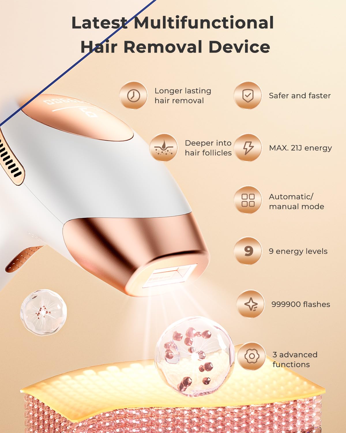 IPL Epilatore Luce Pulsata, 3 in 1 Laser Epilatore a Luce Pulsata Efficiente 600NM-1200NM Laser Depilazione, 9 livelli di Energia, 999,900 Luce Pulsata per Donne, Viso, Ascelle, Corpo