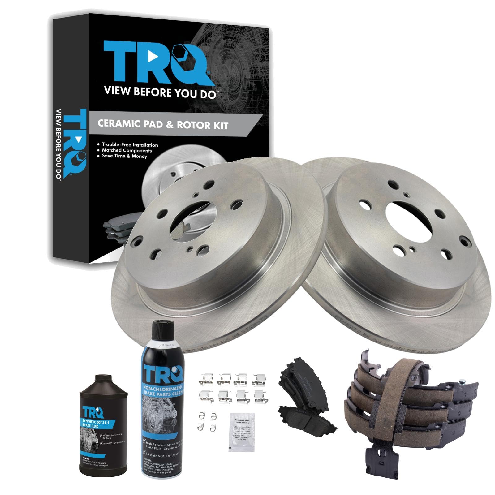 TRQ Rear Brake Pad &amp; Rotor Kit, with Chemical Kit Parking Brake Shoe Set Ceramic Compatible with 2016-2019 Toyota Mirai 2012-2017 Prius V