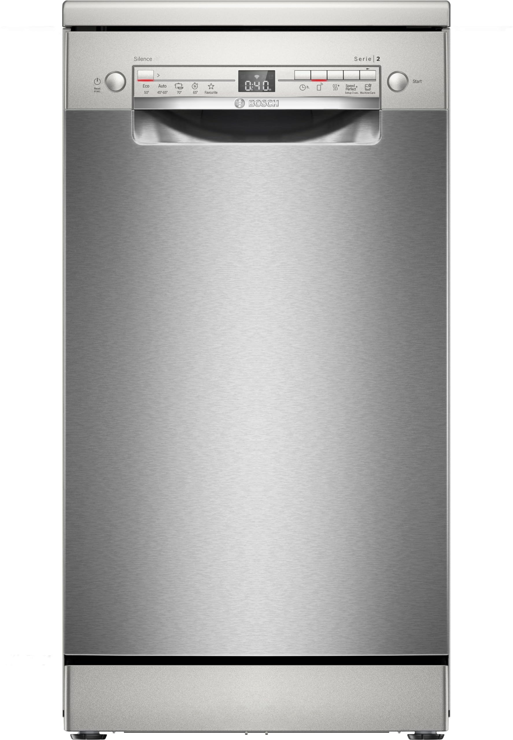 Bosch SPS2HMI42E, Serie 2, lavavajillas inteligente independiente, 45 cm de ancho, Silver Inox, cajón para cubiertos, secado extra con solo pulsar un botón, cesta superior regulable en altura,