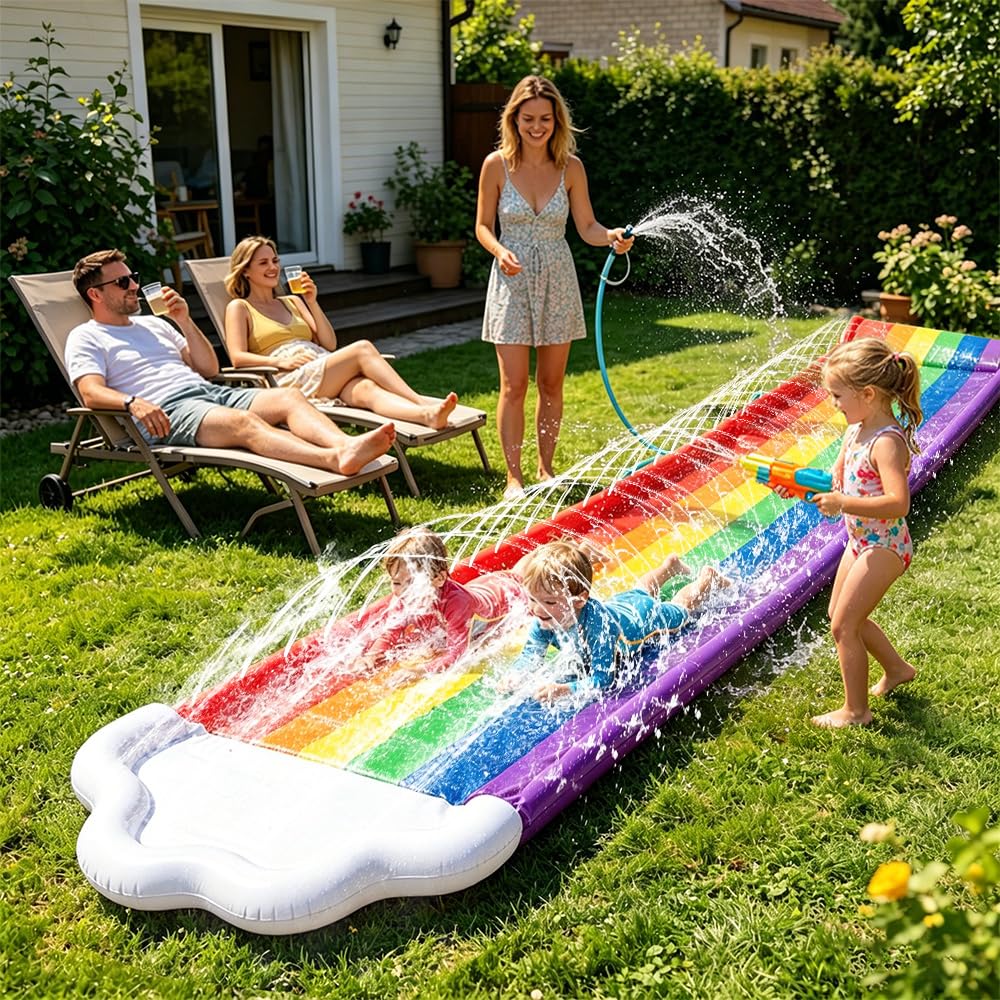 Wasserrutsche Garten 4.8x1.4m Doppel Wasserrutsche mit 2 Bodyboards & Sprinkler für Kinder Erwachsene