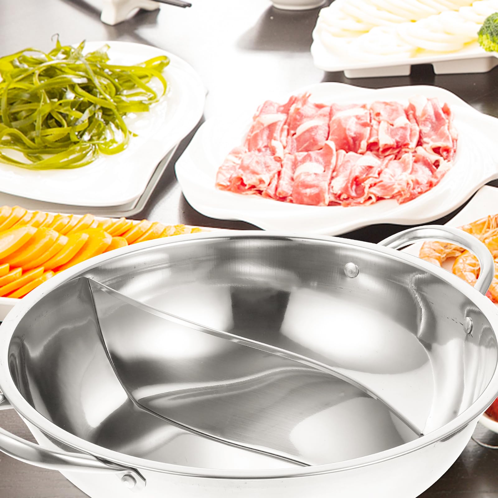 Housoutil Pot De Canard Mandarin Cuiseurs à Fondue Divisés Batterie De Cuisine à Soupe Double Face Poêle De Camping Fondue Chinoise Le Potage Acier Inoxydable Pot De Nouilles 28c Électrique