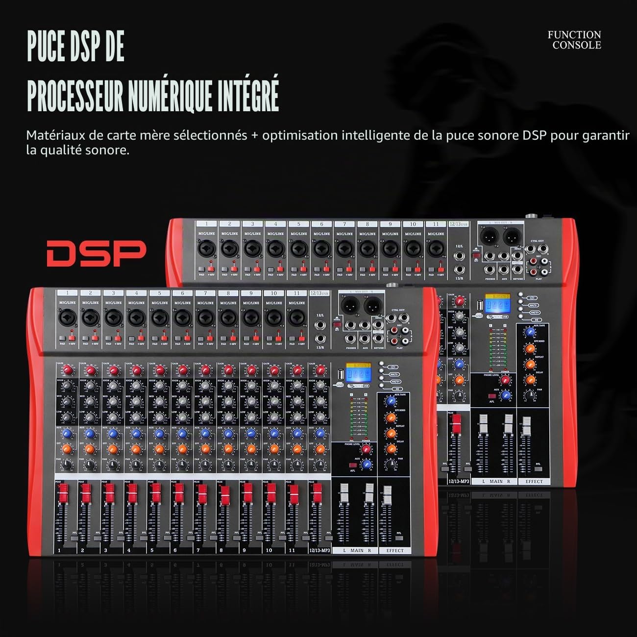 Studio Live Table de mixage 12 canaux DJ Console de mixage audio stéréo Bluetooth USB enregistrement ordinateur lecture vidéo alimentation fantôme USB numérique mixer amplificateur