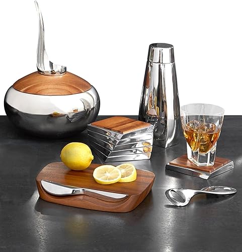 Miniatura 6 de Nambe Juego de posavasos Twist de 4.25 pulgadas, 6 piezas, colección cuadrada moderna de posavasos hechos de madera de acacia y aleación, elegante