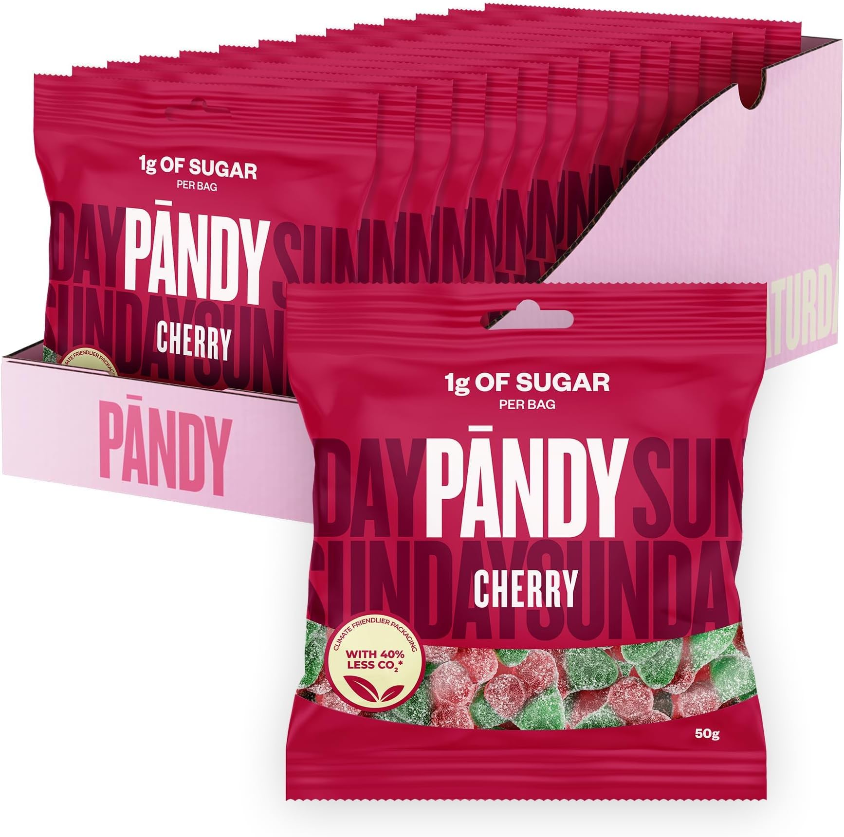 PANDY Candy Cherry, Only 1g Sugar & 70 Calories, Refreshing and Sweet Gummy Sweets, 14x50g Bags