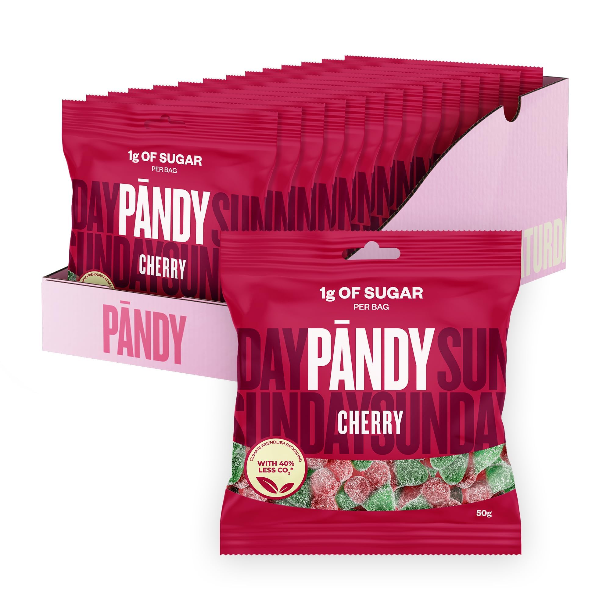 PANDY Candy Cherry, Only 1g Sugar & 70 Calories, Refreshing and Sweet Gummy Sweets, 14x50g Bags