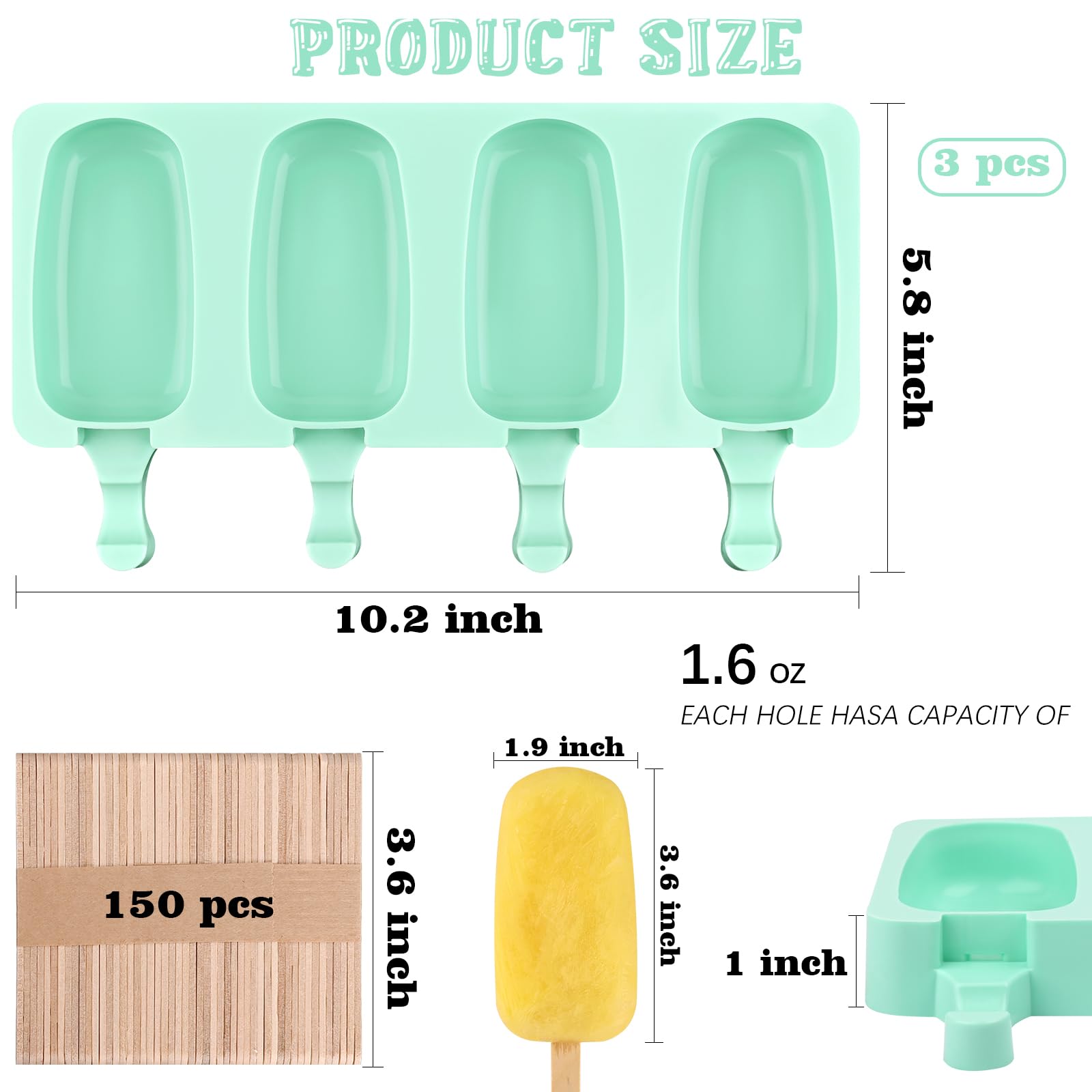 BZIDII 3-Piece Silicone Popsicle Mold Set – 4 Cavities Large Ice Pop Molds With 100 Sticks & Bags - View #2