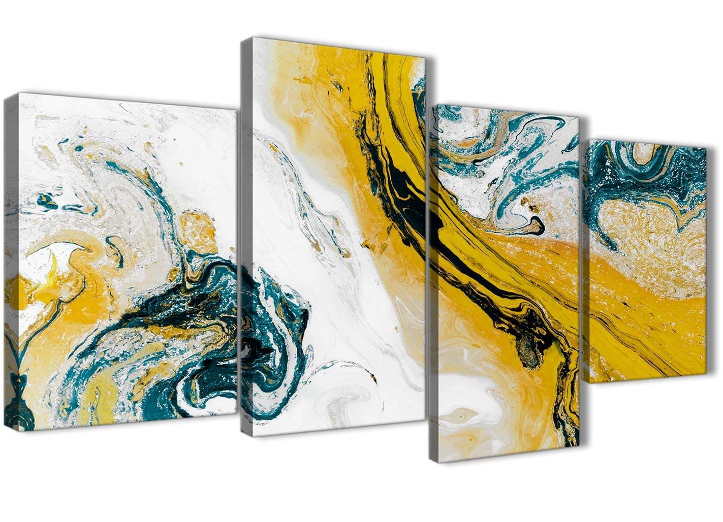 Wallfillers Large Mustard Yellow and Teal Swirl Abstract Bedroom Canvas Wall Art Decor - 4470-130cm Set of Prints