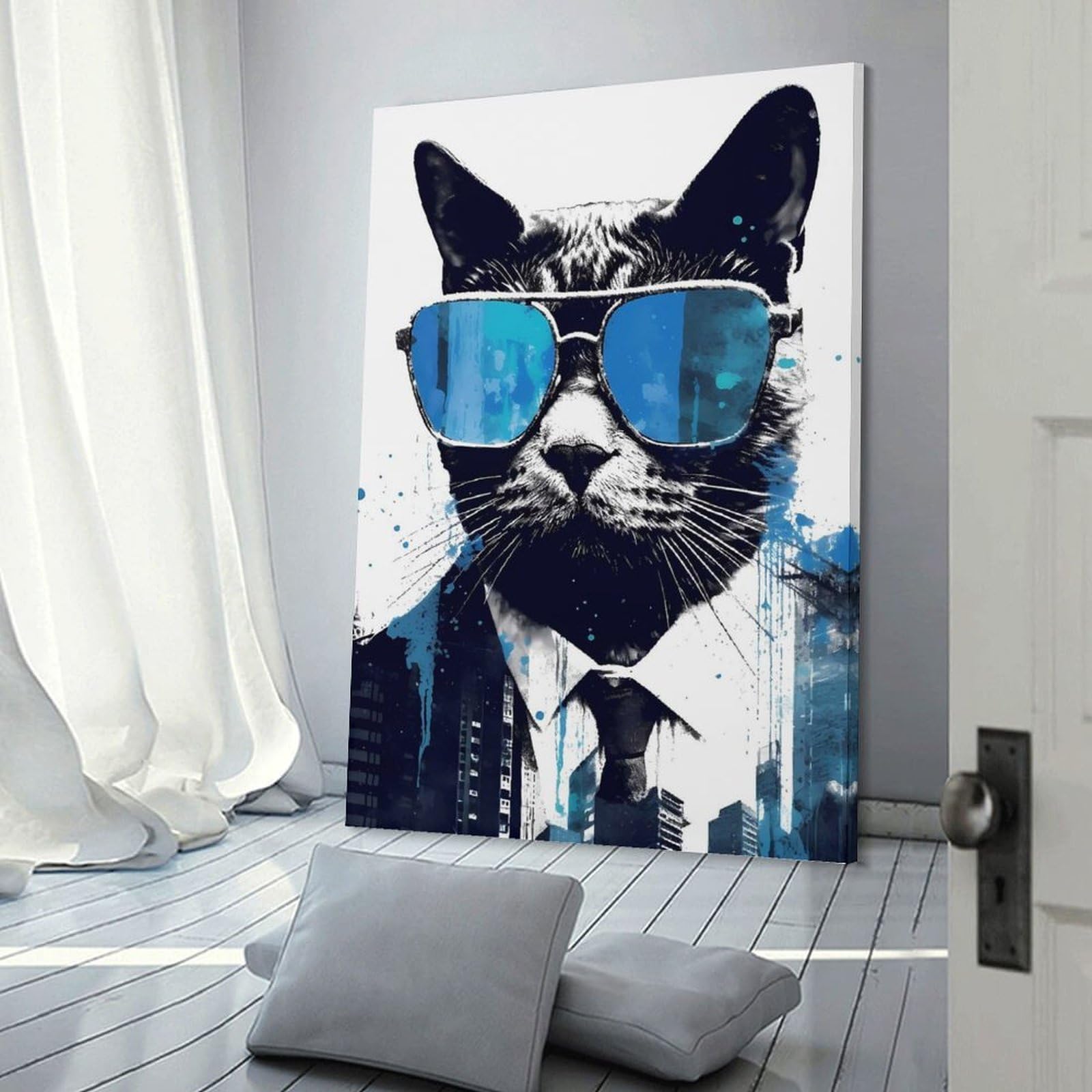 Junmoney Frame-Style-21 Cat In A Stylish Cityscape Canvas Wall Decor, 08X12inch(20X30cm), For Wall Displays, Bedrooms Or Room Updates, Wall Decor Suited To Curated Displays