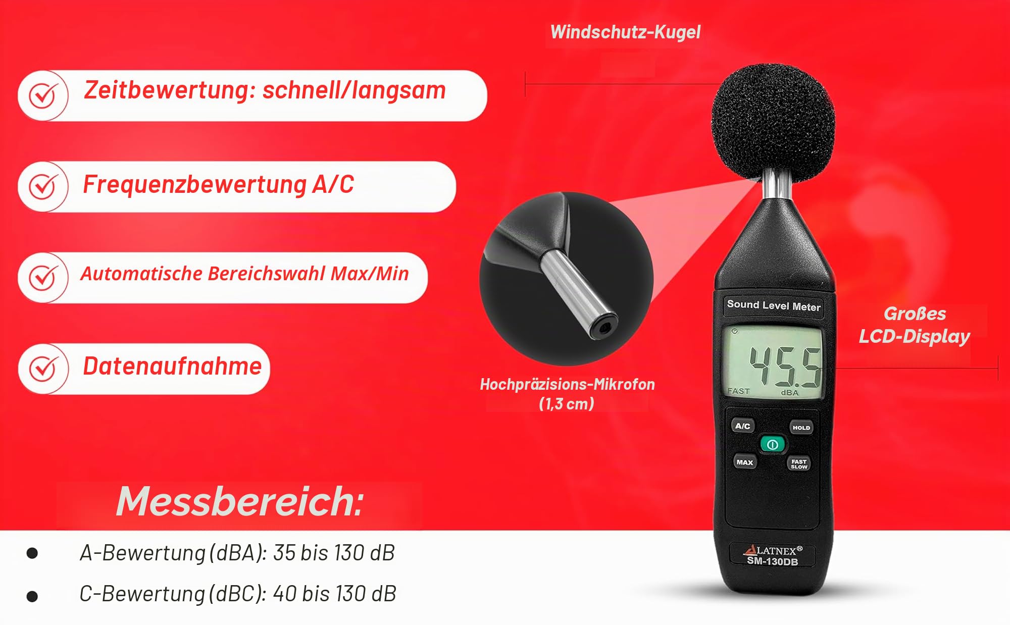 SM-130DB Digitales Dezibel-Messgerät und Schallpegelmesser Typ 2 mit Kalibrierzertifikat Messgerät für Umwelt- und mechanische Lärmmonitor - Fertigung, Büro, Klassenzimmer