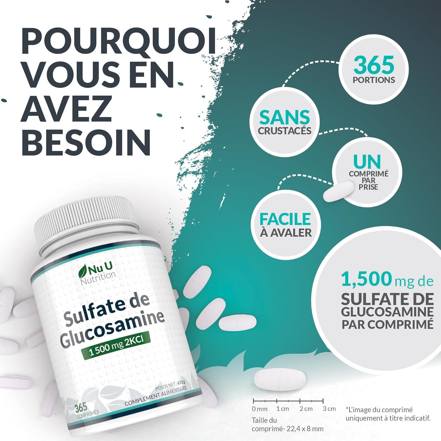 Glucosamine 1500 mg 2KCl - 365 Comprimés pour 1 An - Haute Puissance - Complément Alimentaire de Nu U Nutrition