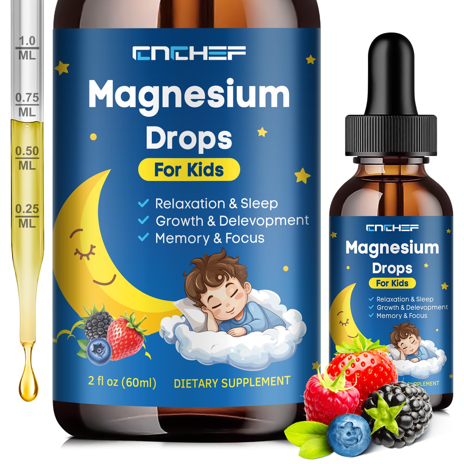 Magnesium Drops - Magnesium Glycinate Liquid Drops for Kids - Calm, Sleep, Relaxation, Bones, Brain Support with Vitamin B6, C, D3, Omega-3, L-Theanine, Zinc, Multivitamins - Mixed Berry Flavor Mixed Berry 2 Fl Oz (Pack of 1)