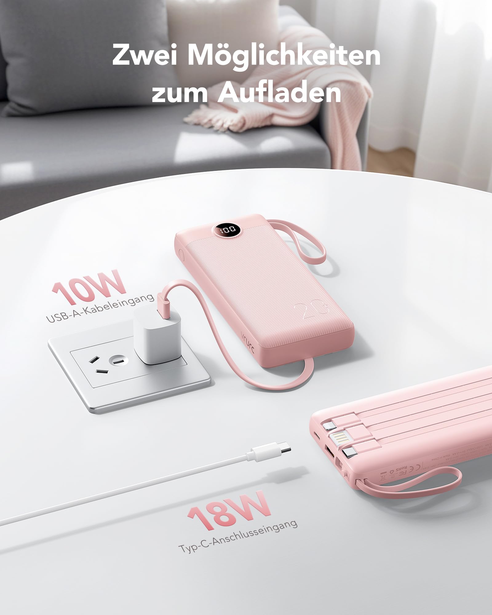 VRURC Powerbank 22.5W Schnelles Aufladen, 20000mAh Power Bank mit Kabel Tragbares Ladegerät USB C LED Display Externer Handyakkus Smartphone Kompatibel mit iPhone, Huawei, Samsung usw - Rosa