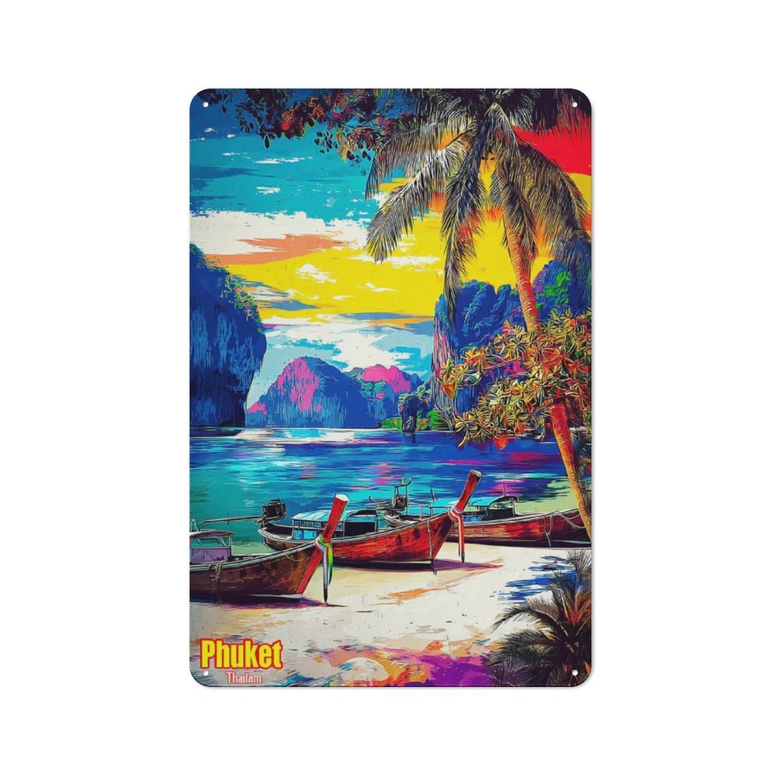 Junmoney Colorful Sunset In Phuket, Thailand Rustic Tin Wall Plaque 30X20cm Featuring For Pub Or Café, A Decorative Christmas Gift For Café Interior Fans