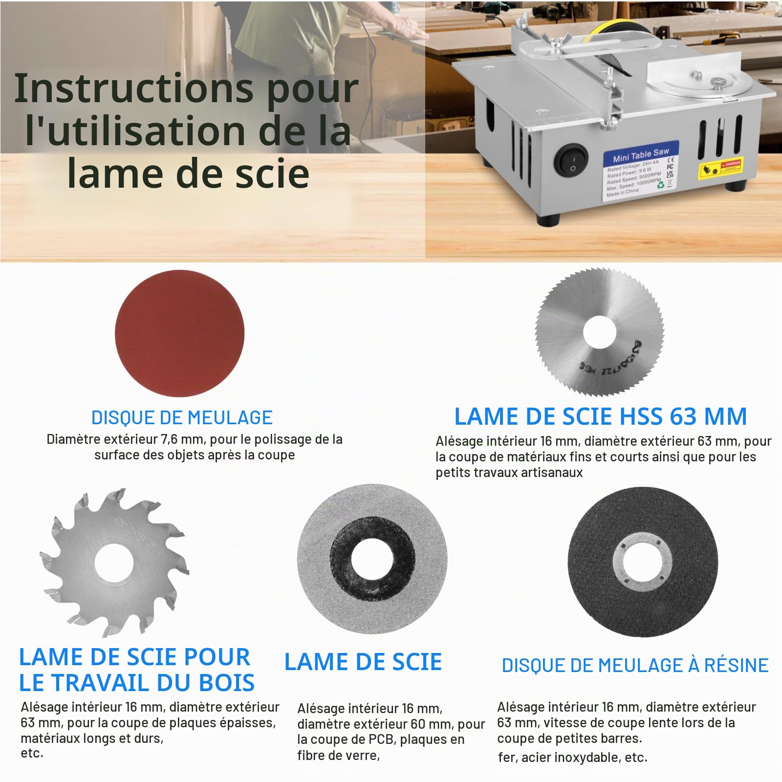 Mini scie circulaire de table avec disque de polissage et 4 lames, mini scie circulaire avec bloc d'alimentation à 7 vitesses, lame de scie réglable en hauteur de 0,1 à 15 mm, portable, petite scie