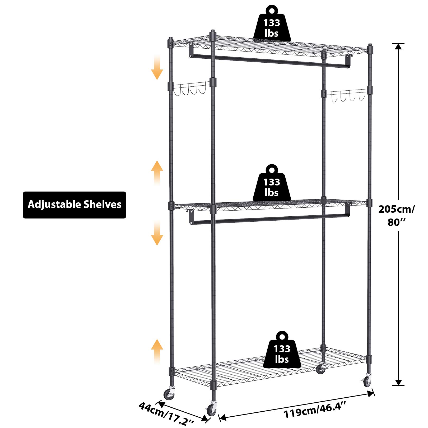 BATHWA 3Tier Garment Rack Coat Rack Heavy Duty Wire Shelving Rolling