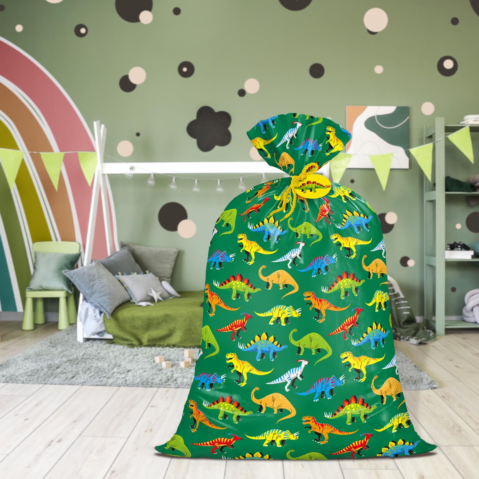 WRAPAHOLIC 56" Extra Large Dinosaur Gift Bag - Green Dinosaur Jumbo Bike Bag Gift Wrap for Girl Kids Boy Birthday, Baby Shower, Dino Party - 56" H x 36" W
