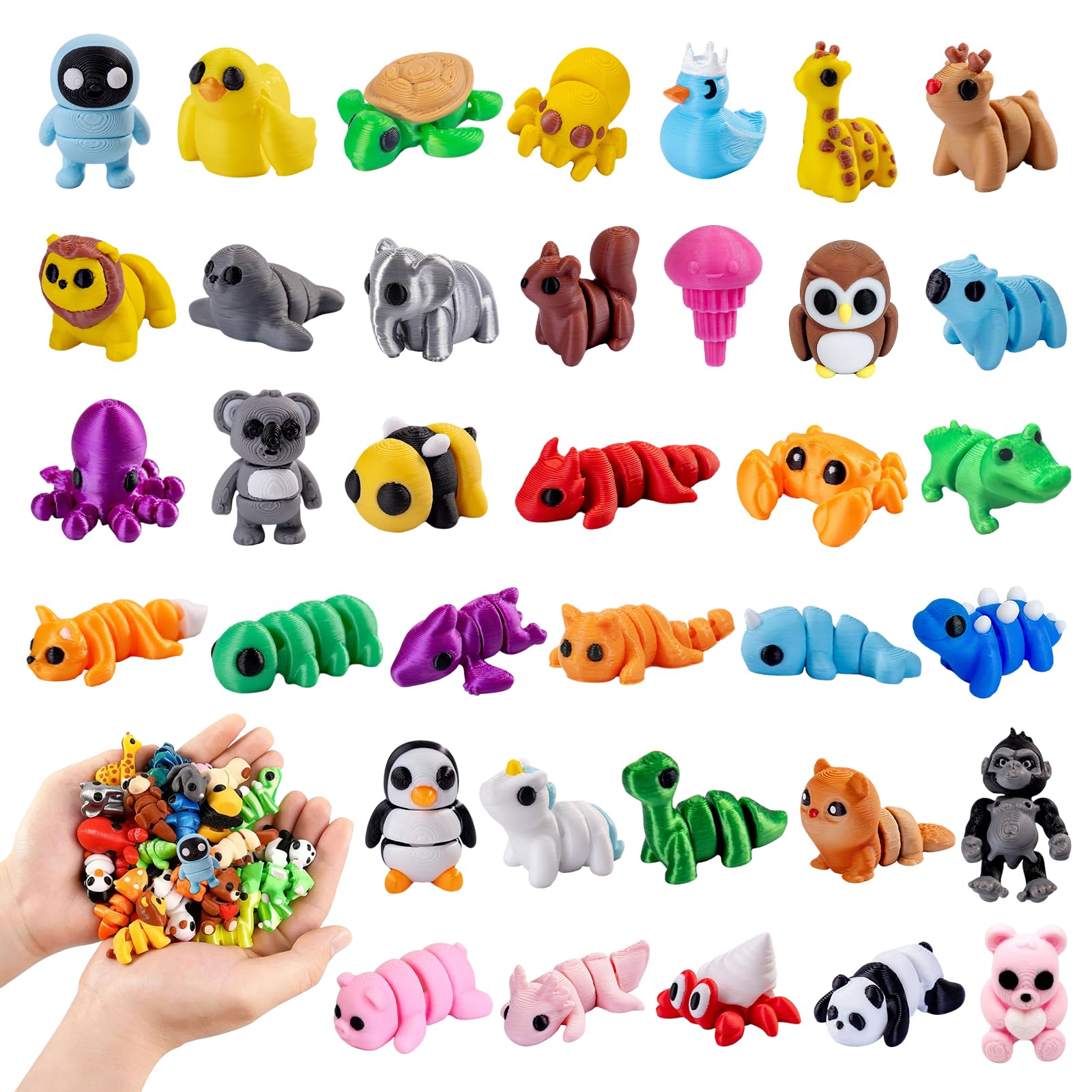 36 PCS Mini 3D Printed Animals, Flexible Movable 3D Printed Toys, Cute 3D Printed Fidget Toy for Home Office Cake Decoration, Birthday Gifts Party Favors Toys for Kids, Portable Relief for Adults