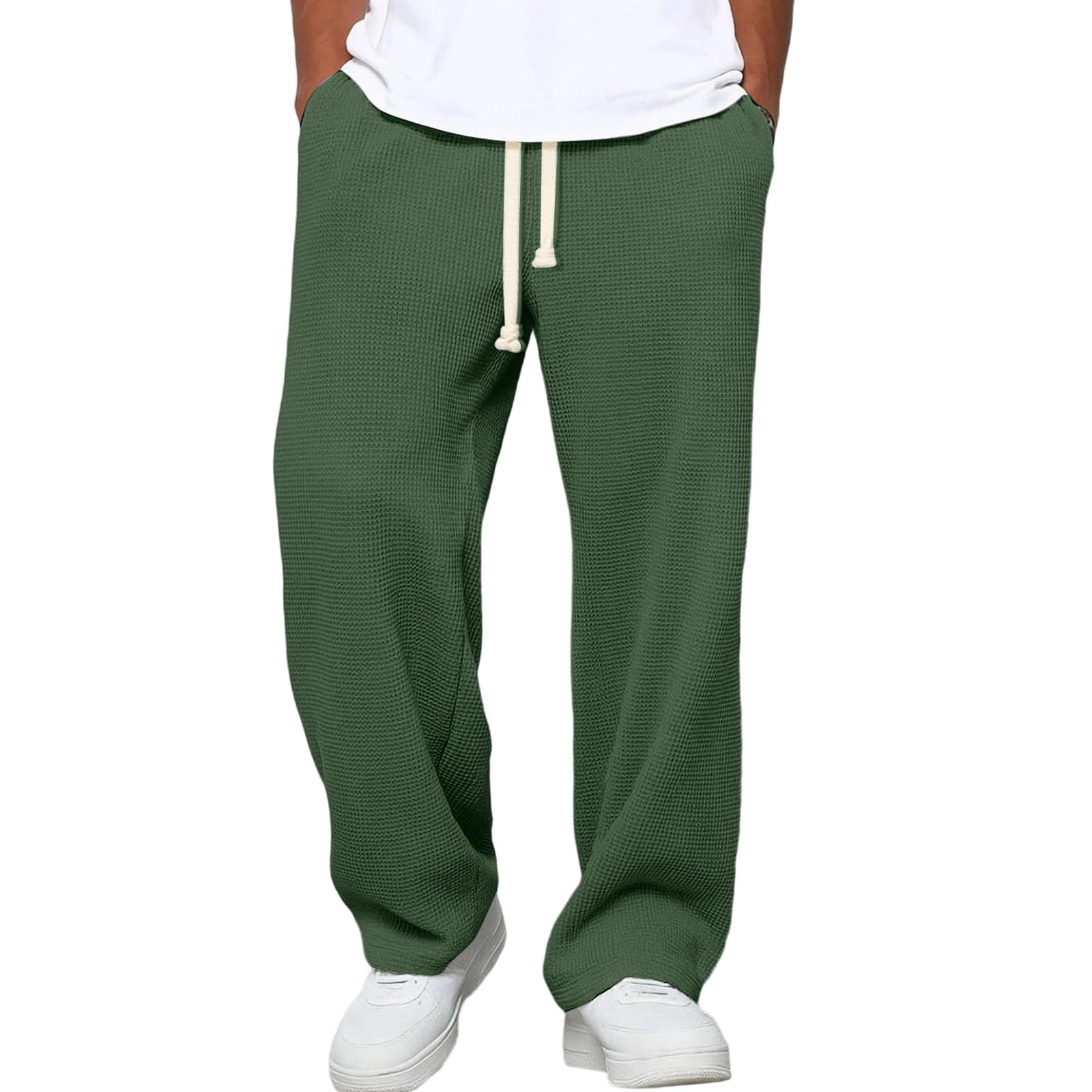 Mens Straight Leg Sweatpants Uncuffed Waffle Knit Pants Casual Comfy Open Bottom Wide Leg Sweat Pants with Pockets