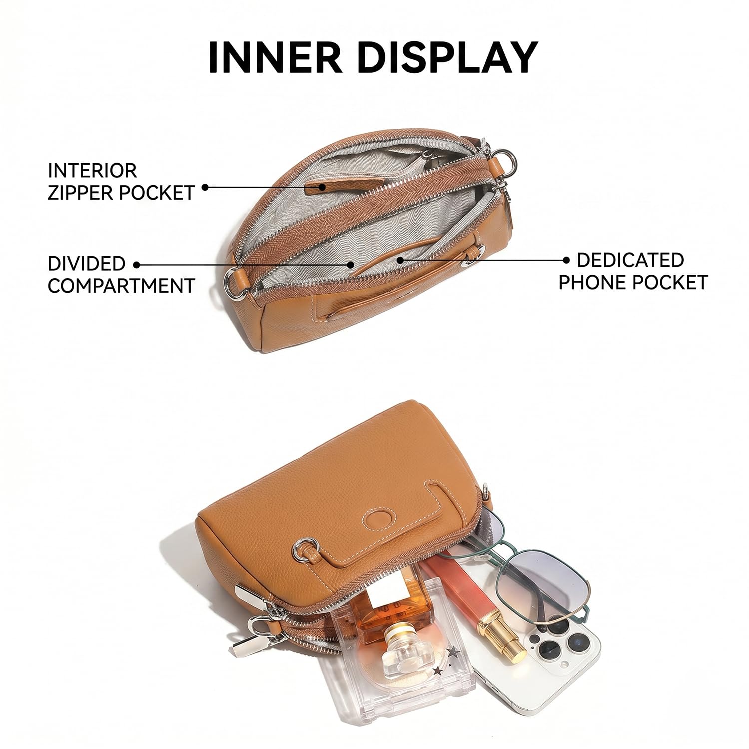 Bolso Bandolera Mujer de Cuero Flor Genuino, Gran Capacidad Bolso Diario con Monedero Mini, Elegante Bolso de Hombro Minimalista para Trabajo Marrón