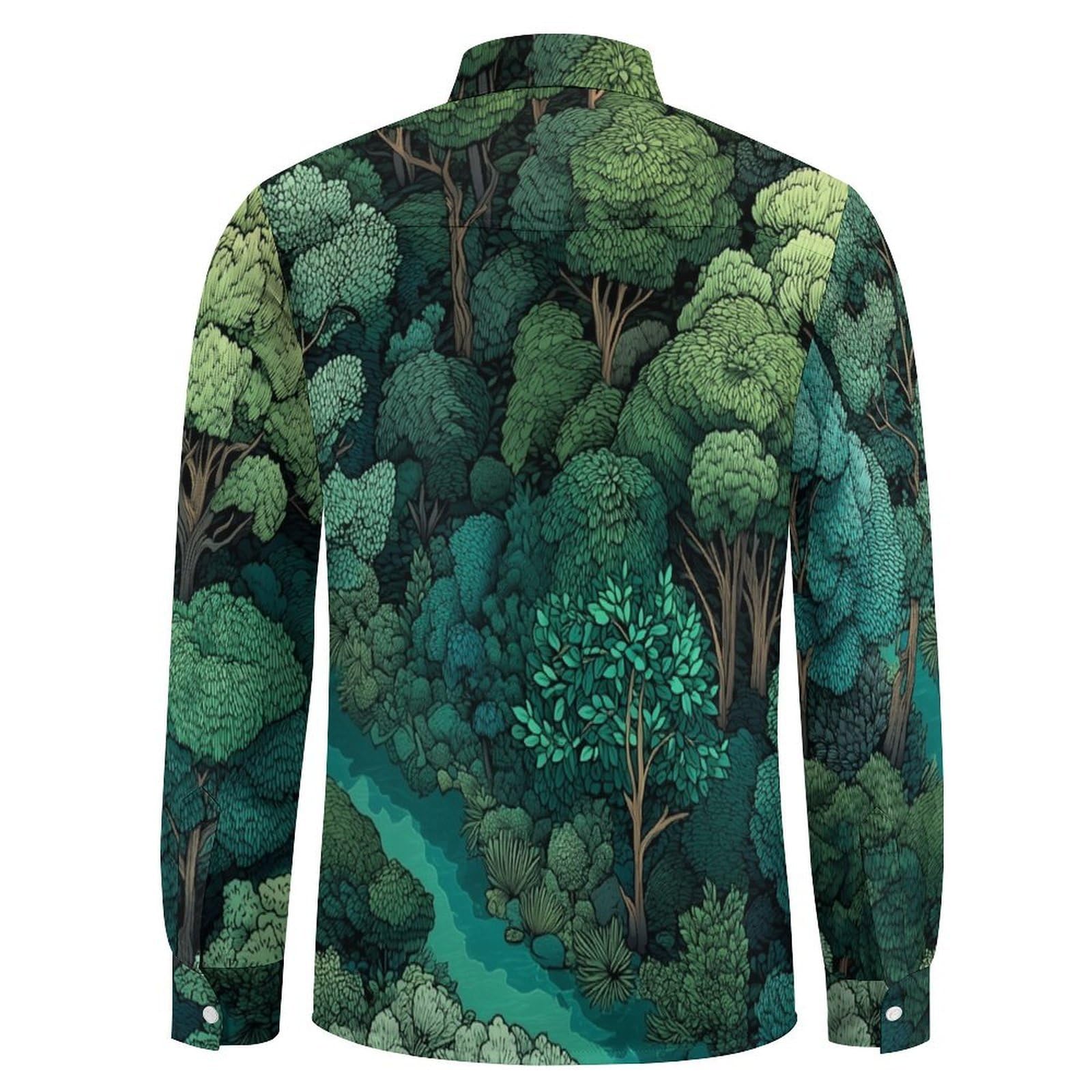Camisa de Lino Verde Manga Larga para Hombre Camisas Informales de Verano Camisa Suelta de Ocio Árboles De Bosque Denso con Botónes Top con Bolsillo para Traje Diario