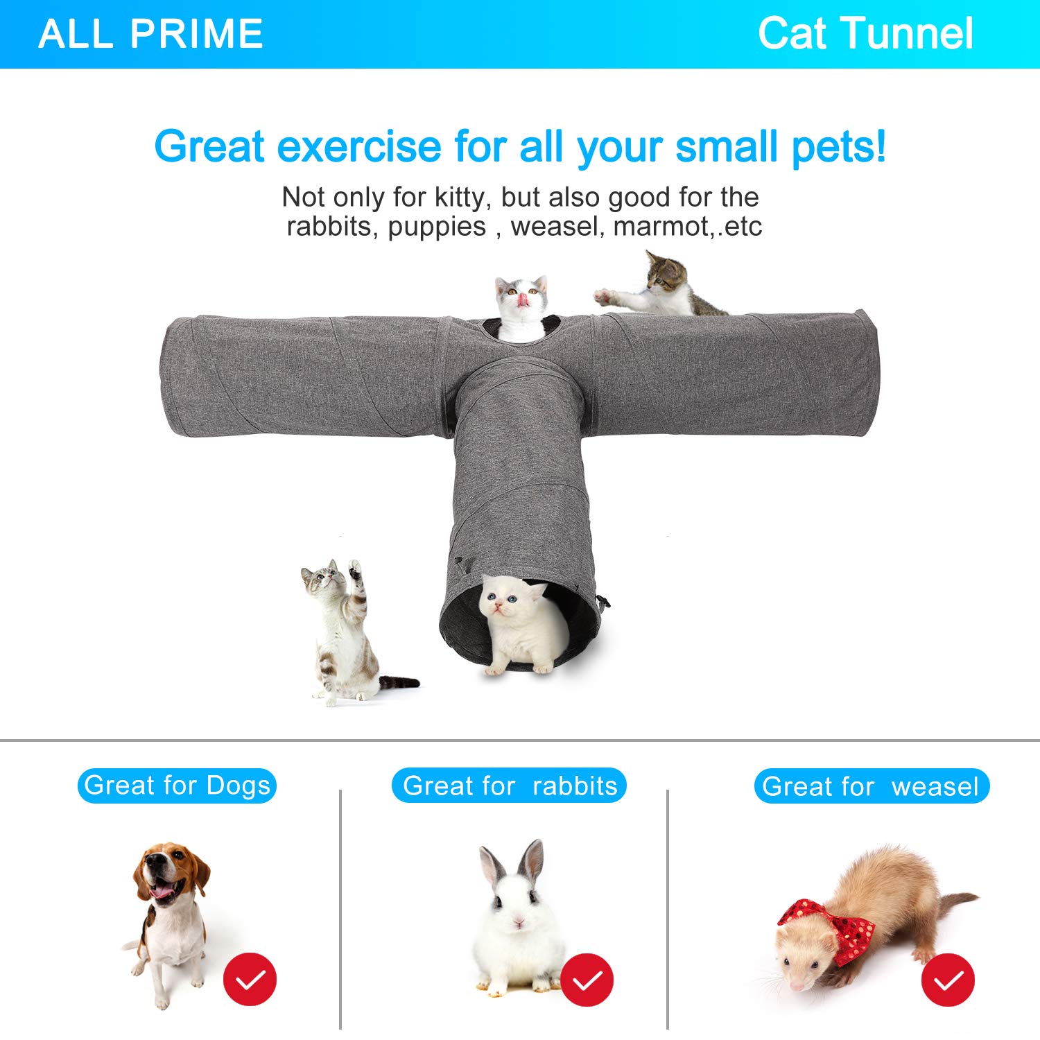Ownpets Tunnel pieghevole per gattini, a 3 vie, lungo 120 cm, con palla di peluche e piume, grande tunnel da gioco per gatti, cuccioli, conigli