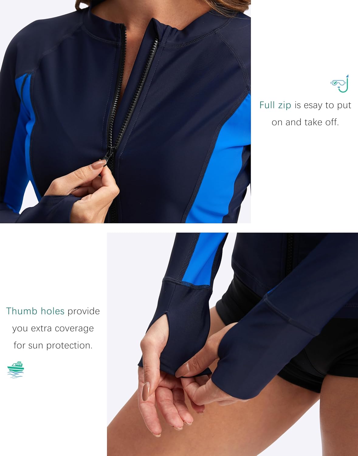 SANTINY Women's Rash Guard Zipper Pockets UPF50+ Sun Protection Long Sleeve Swimsuit Top Zip Front Swim Shirt for Women - Image 5