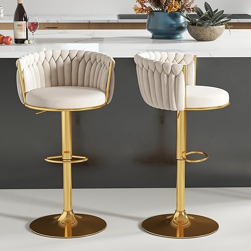 Miniatura 3 de Gold - Juego de 4 taburetes de bar giratorios de terciopelo, taburetes de mostrador de altura ajustable con respaldo tejido, taburetes de cocina