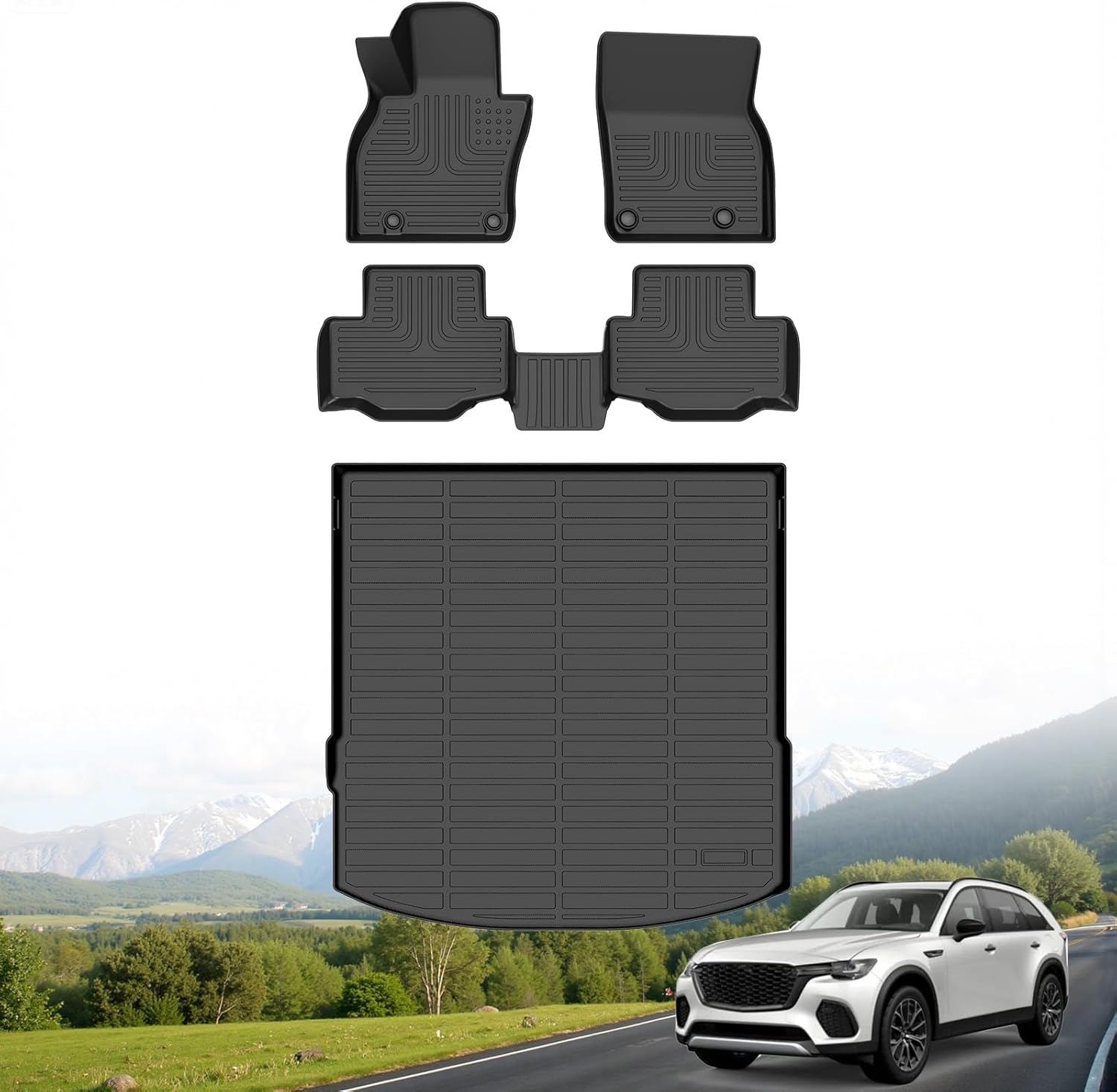 Hutisya-Floor Mats & Cargo Liner Set Fit for 2025 2026 Mazda CX-70 & CX-70 PHEV All Weather Protection Anti-Slip & Durable TPE Full Set Liners Automotive Accessories-Black