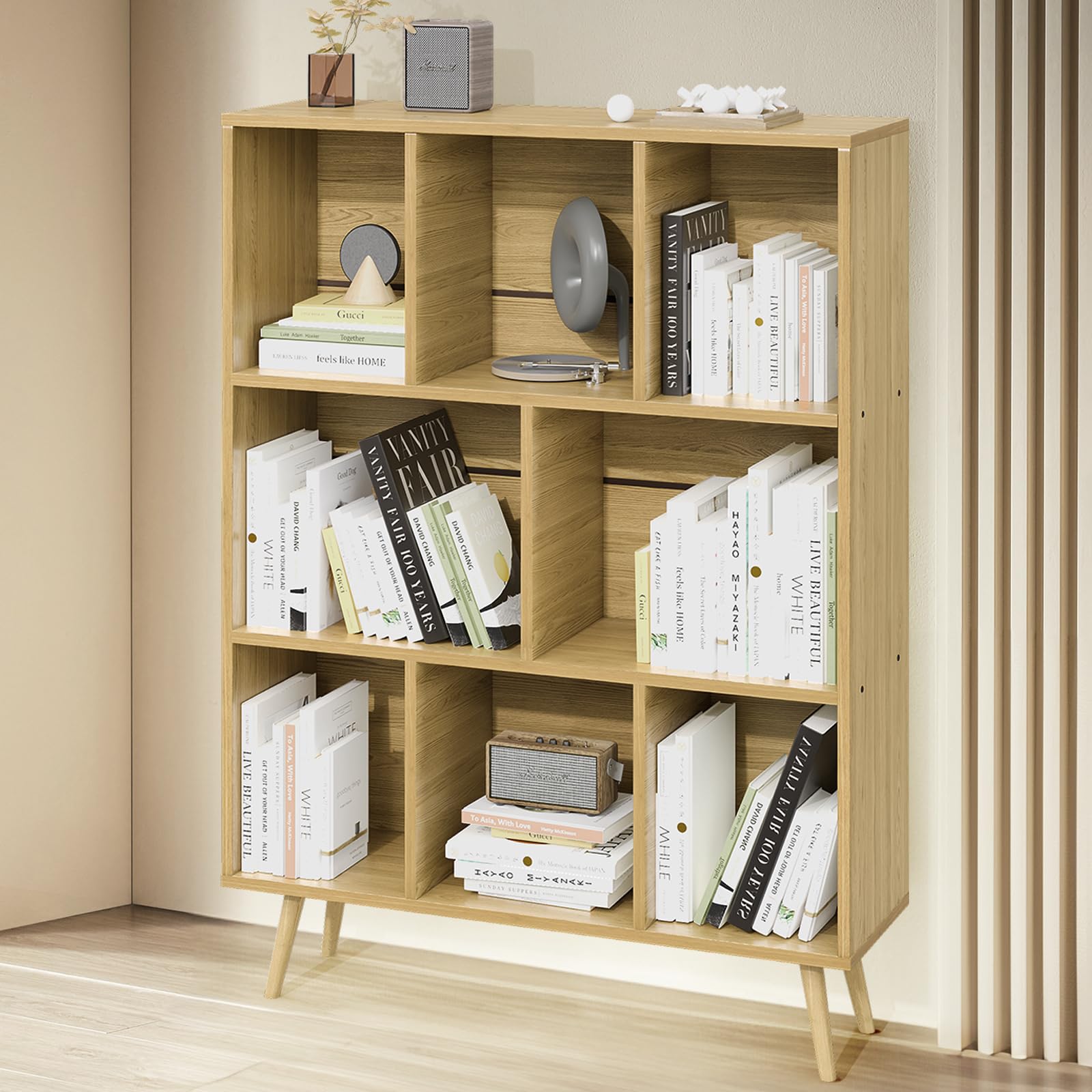 GRUSIGN Bookshelf, 3-Tier 8 Cube Open Wooden Book Shelf with Legs, Floor Standing Office Bookcase, Wooden Bookcase for Office Furniture, Cubby Storage