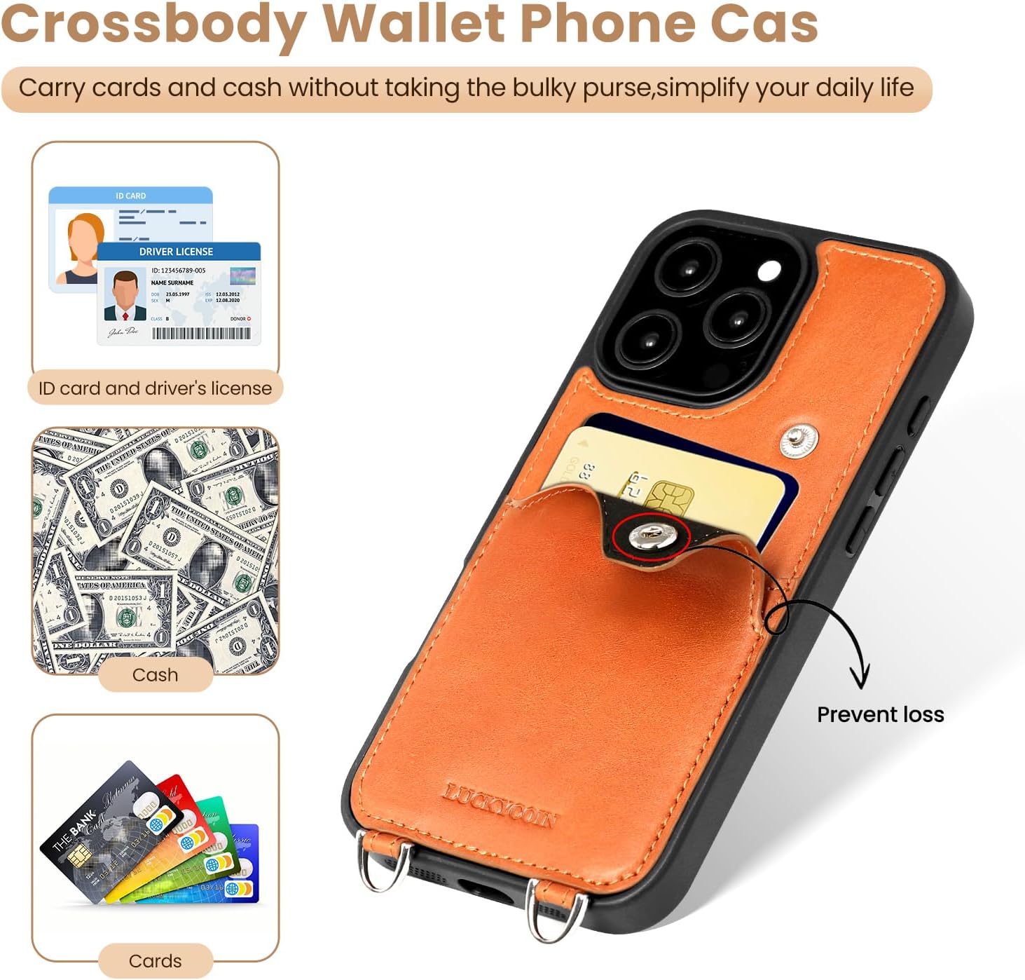 LUCKYCOIN for iPhone 16 Pro Crossbody Wallet Purse Phone Case, Genuine Leather Phone Case for Women,for iPhone Purses with Expandable Card Holder & Adjustable Removable Crossbody Strap - Brown - Image 2