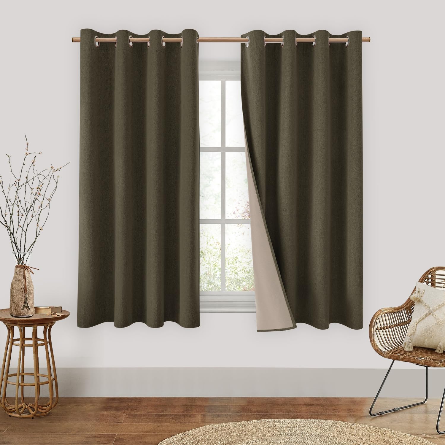 HOMEIDEAS Olive Green 100% Blackout Curtains 2 Panels Linen Room Darkening Curtains 52 X 63 Inches Thermal Insulated Grommet Window Drapes with Liner
